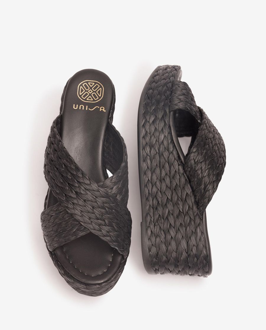 Unisa Mujer Sandalia de cuña en rafia natural - Negro